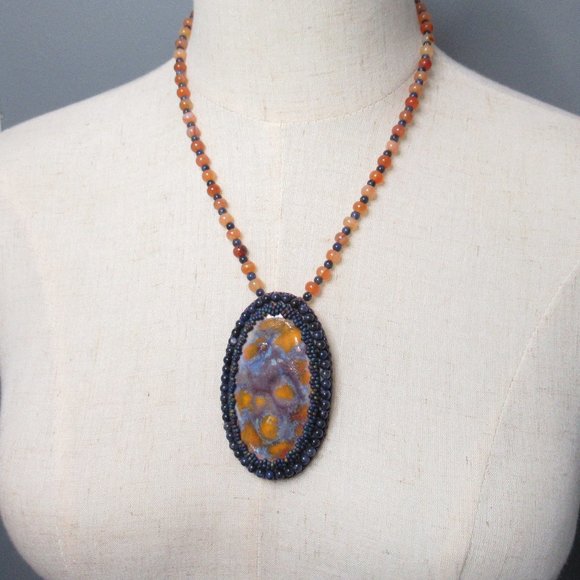 Artisan Cabochon Necklace on Carnelian and Sodalite - Picture 2 of 13